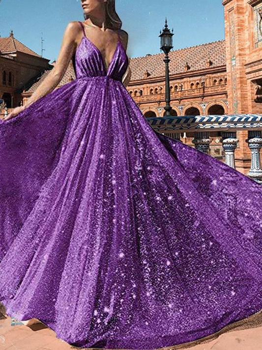 Purple Patchwork Sequin Grenadine Shoulder-Strap V-neck Sleeveless Big Swing Glitter Sparkly Birthday Party Prom Maxi Dress   cg12299
