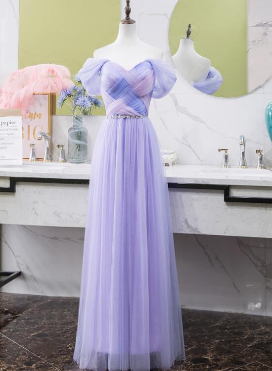 Light Purple Tull Off Shoulder Long Wedding Party Dress, Tulle Prom Dress   cg12302