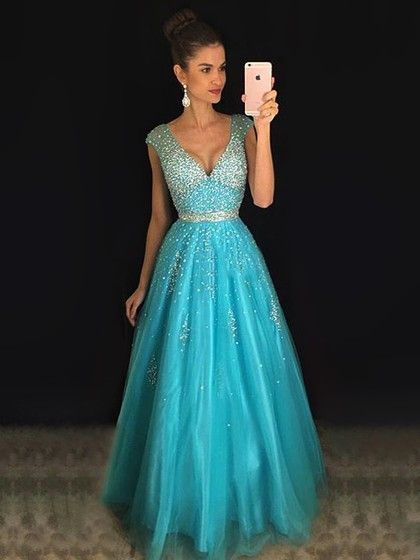Princess V-neck Tulle Floor-length Beading Prom Dresses    cg12339