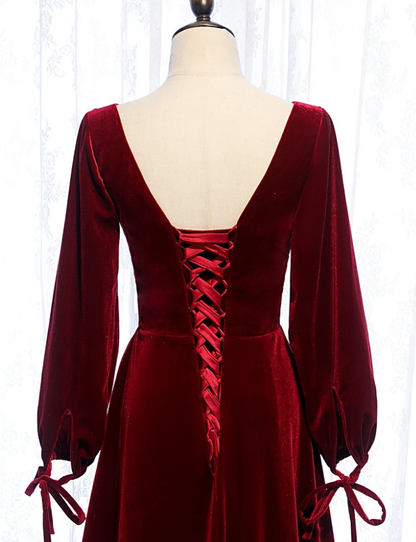 Charming Dark Red Velvet Long Sleeves A-Line Party Dress Party prom Dress    cg12376