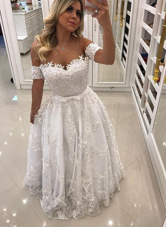 Modern White Beads Lace A-line Evening Dress | Off-the-shoulder Evening prom Gown   cg12403