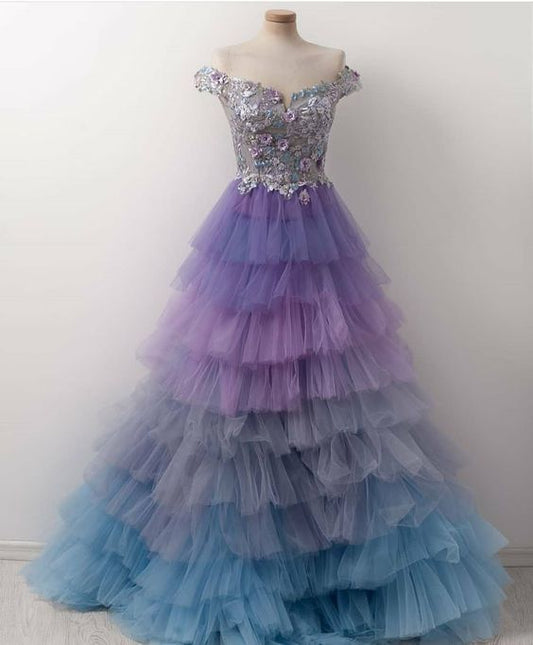 Colorful Prom Dress,Tulle Prom Dress,Off the Shoulder Prom Dresses,Appliques Prom Dress   cg12459