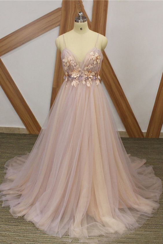 Gorgeous Pink Floral Tulle Long Straps Formal Gown Prom Dresses    cg12475