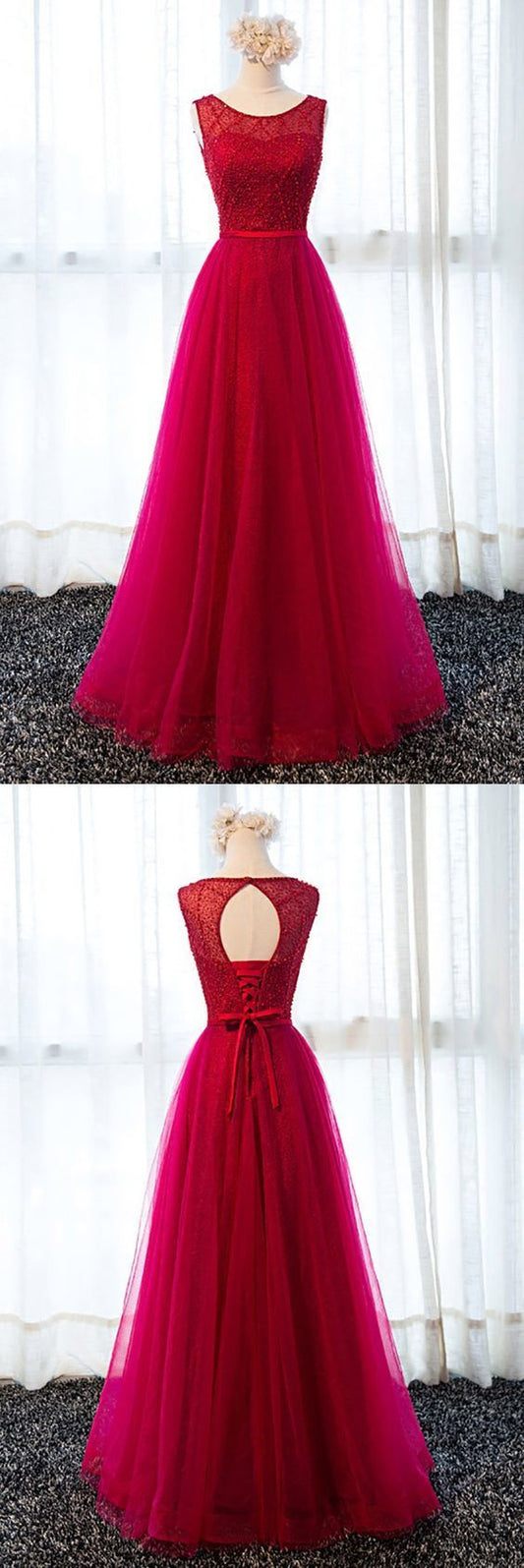Classy Burgundy Beaded Long Tulle Formal Party prom Dress With Lace Back     cg12508