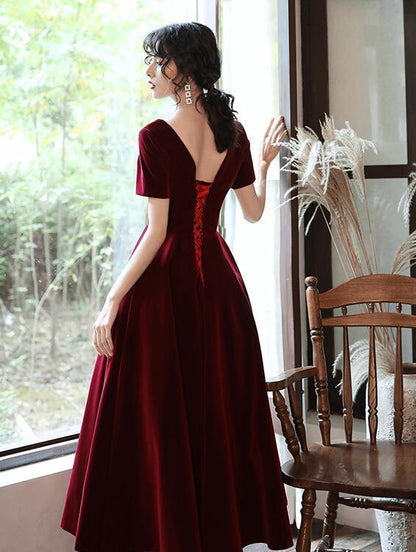 Wine Red Tea Length Short Sleeves Vintage Style Party Dress, Velvet Bridesmaid Dress Prom Dress   cg12524
