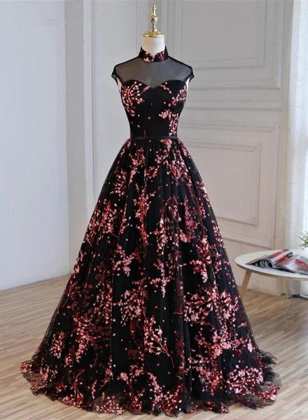 Gorgeous Black Tulle Long Formal Gown, Floral Evening Party Dress Prom Dress    cg12644