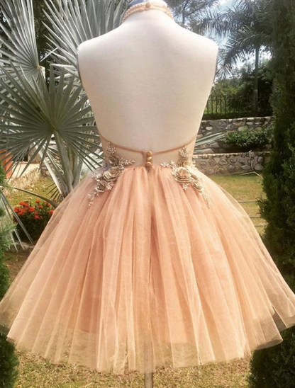 Champagne high neck tulle lace short dress tulle formal dress homecoming dress    cg12654