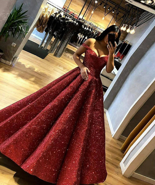 BURGUNDY SEQUINS LONG PROM GOWN FORMAL GOWN    cg12657