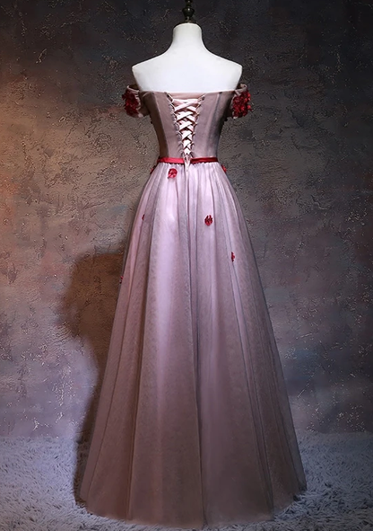 Unique Pink Tulle Off Shoulder Party Dress With Lace Applique Cute Prom Dress   cg12693