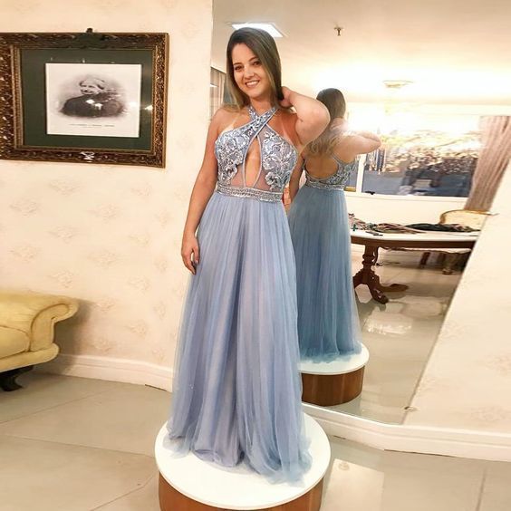 Halter Prom Dress For Girl A Line Formal Gown Long Beaded Bodice Open Back    cg12699
