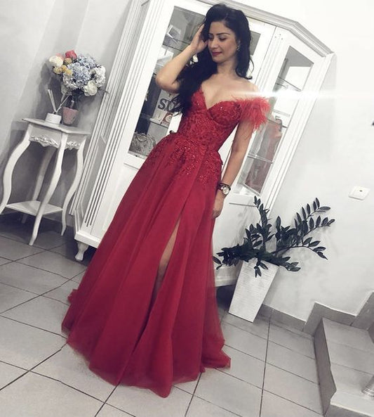 Burgundy lace tulle long prom gown party dress    cg12702