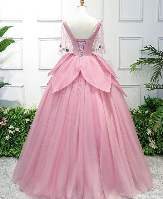Pink Tulle Ball Gown Lace Sweet 16 Dress, Pink Quinceanera prom Gown With Flowers   cg12714