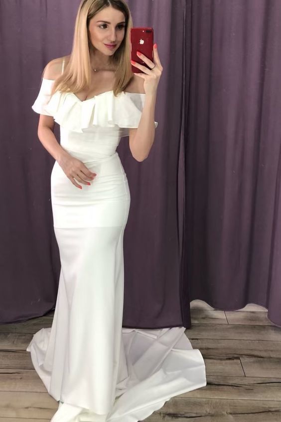 Slim Simple Wedding Gown with Flounced Neckline prom dress    cg12719