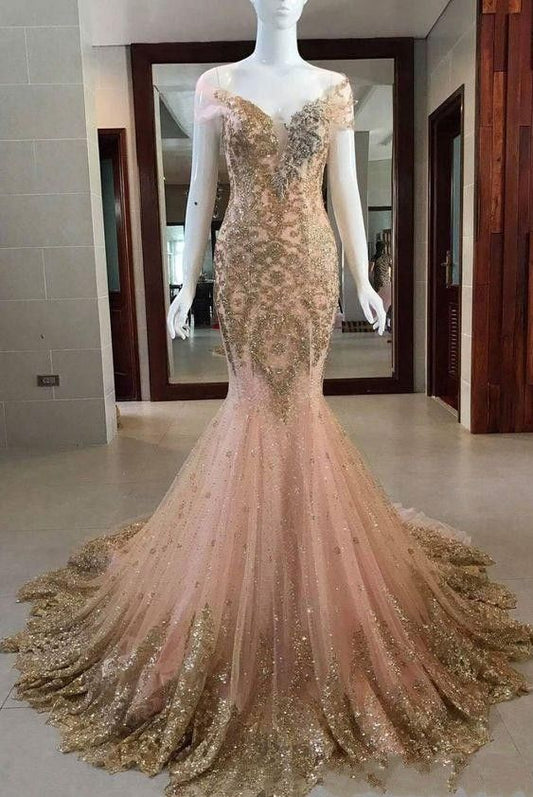Lace Sheer Neck Illusion Peach Mermaid Prom Evening Dresses Lace Appliques bling bling Crystal Formal party Gowns    cg12794