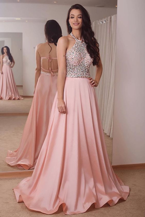 halter pink satin long evening prom dress with sparkles   cg12819