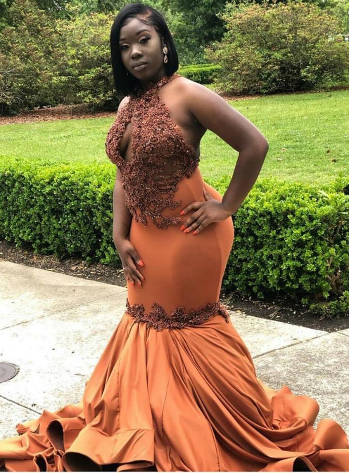 Orange Mermaid Satin Halter Cut Out Beading Prom Dress   cg12826