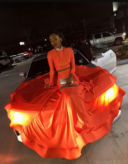 Orange Mermaid High Neck Long Sleeve Beading Prom Dress   cg12828