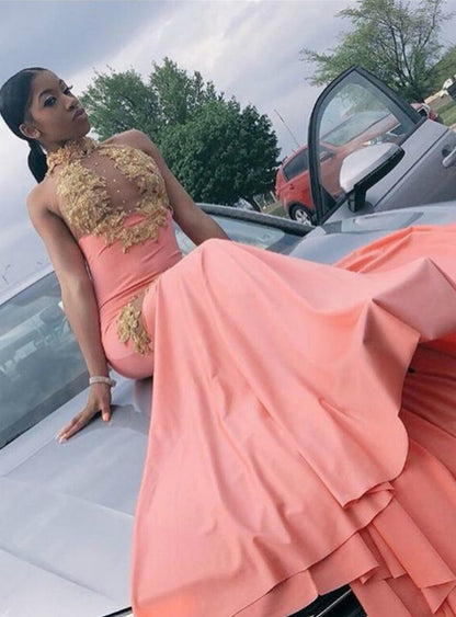 Pink Mermaid Halter Appliques Sleeveless Backless Prom Dress   cg12829