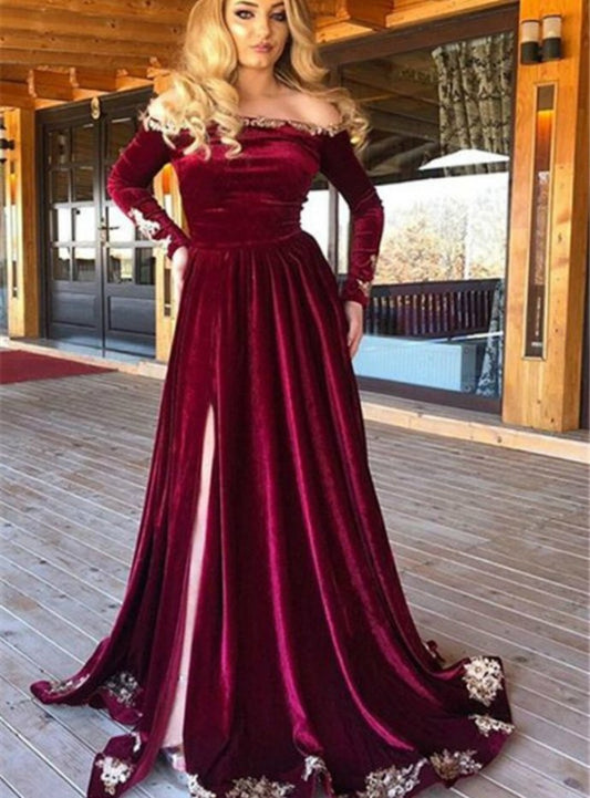 Mermaid Velvet Off the Shoulder Long Sleeve Prom Dress   cg12862