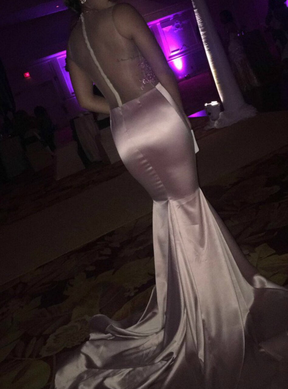 Pink Mermaid Satin See Through Appliques Prom Dress With Beading      cg12884