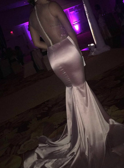 Pink Mermaid Satin See Through Appliques Prom Dress With Beading      cg12884