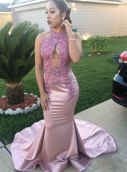 Pink Mermaid Satin See Through Appliques Prom Dress With Beading      cg12884