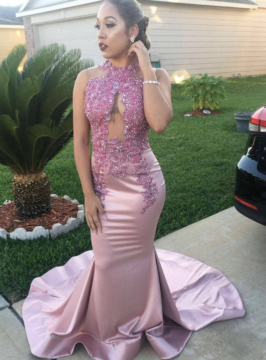 Pink Mermaid Satin See Through Appliques Prom Dress With Beading      cg12884