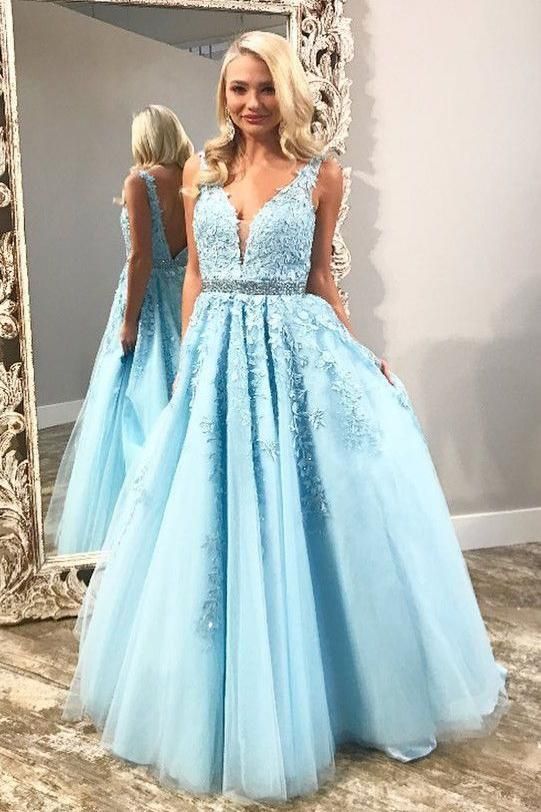 Light Sky Blue V Neck Tulle Prom Dress with Lace Appliques, Long Formal Dress with Beads     cg12893