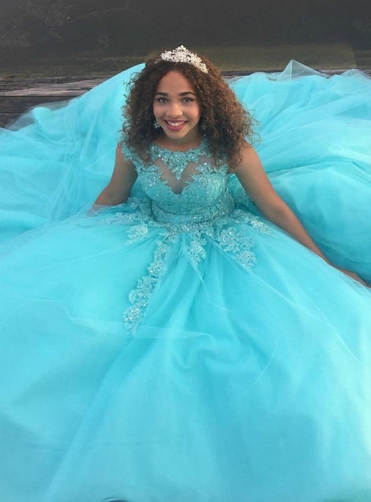 Blue Ball Gown Tulle Appliques Backless Cap Sleeve Quinceanera prom Dress    cg12916