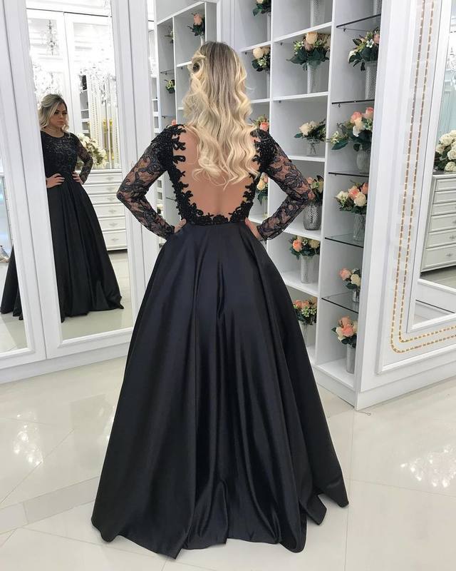 Sheer Back Black Satin Appliques Evening prom Dress With Long Sleeves,    cg12917