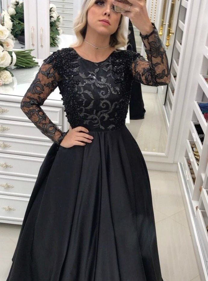 Sheer Back Black Satin Appliques Evening prom Dress With Long Sleeves,    cg12917