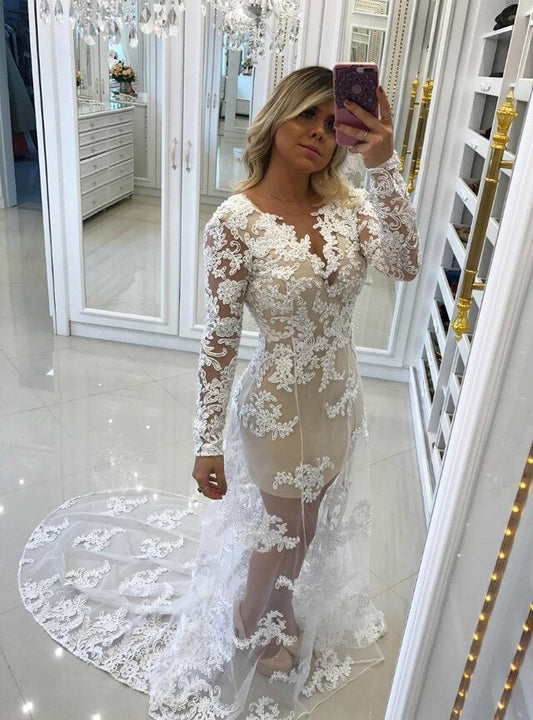 Lace Appliques Tulle Overlay Mermaid Long Sleeves Formal prom Gowns   cg12918