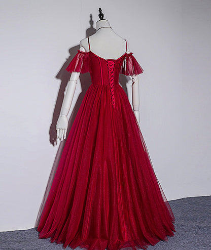 BURGUNDY TULLE LONG PROM DRESS EVENING DRESS   cg12932