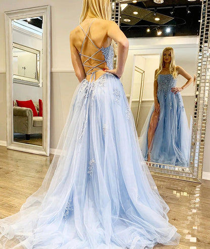 BLUE SPAGHETTI STRAPS LONG TULLE APPLIQUES PROM DRESSES   cg12967