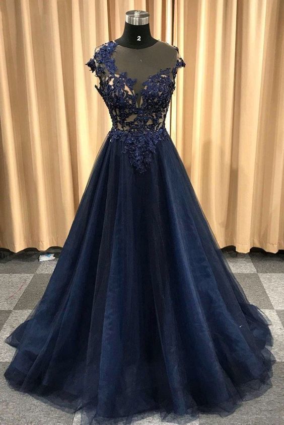 Navy Blue Round Neck Long Cap Sleeve Tulle Evening Dress, Prom Dress     cg13034