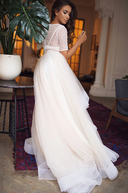 Beige two pieces tulle long prom dress beige formal dress   cg13085