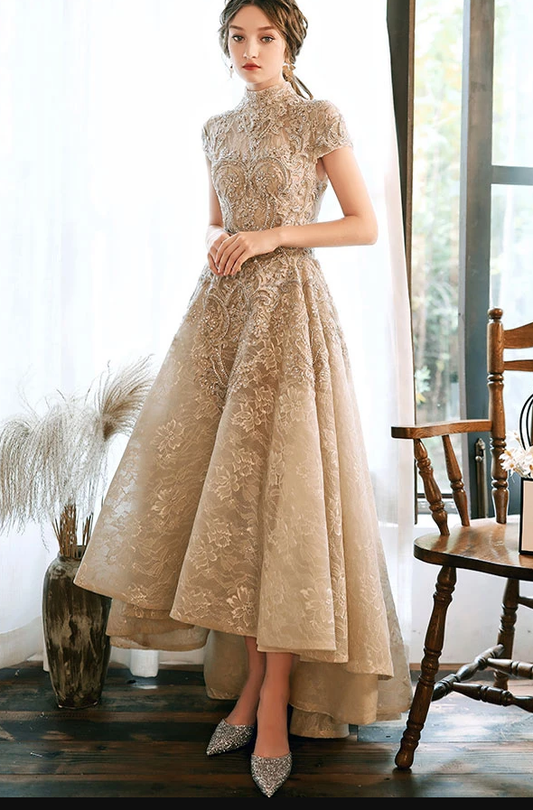 LIGHT CHAMPAGNE LACE SATIN PROM DRESS CHAMPAGNE EVENING DRESS   cg13087
