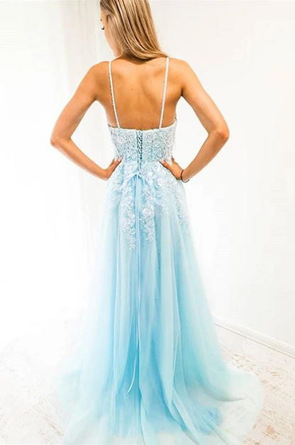 Blue A-line Spaghetti Strap Long Prom Dress with Appliques   cg13129