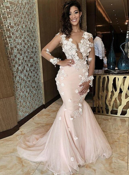 Pink Mermaid Tulle Illusion Long Sleeve Appliques Prom Dress   cg13143