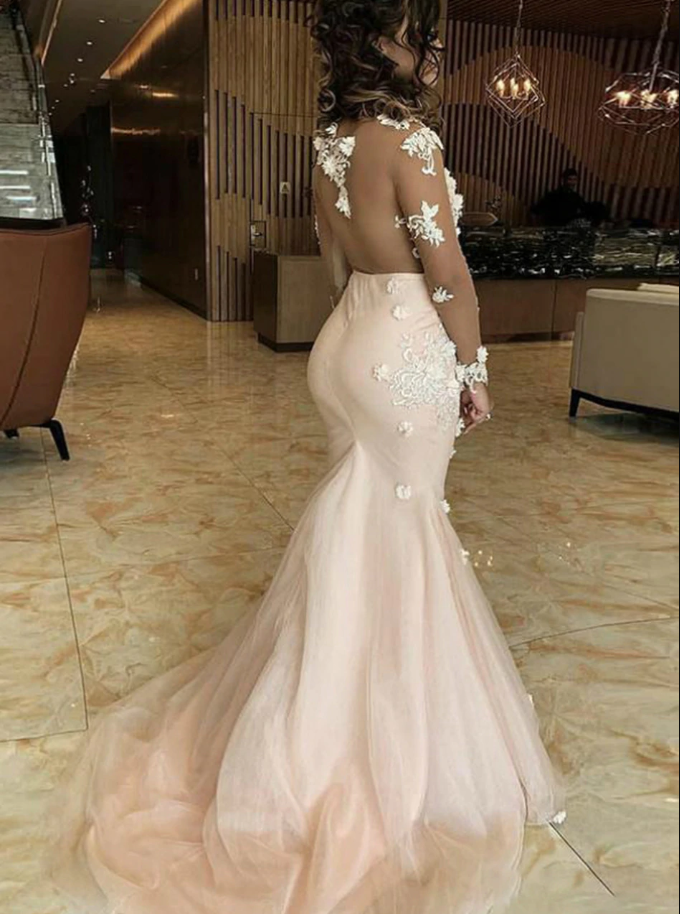Pink Mermaid Tulle Illusion Long Sleeve Appliques Prom Dress   cg13143