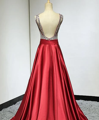 Red Sequins Satin Round Neckline Backless Long Prom Dress, Red Formal Dress   cg13258
