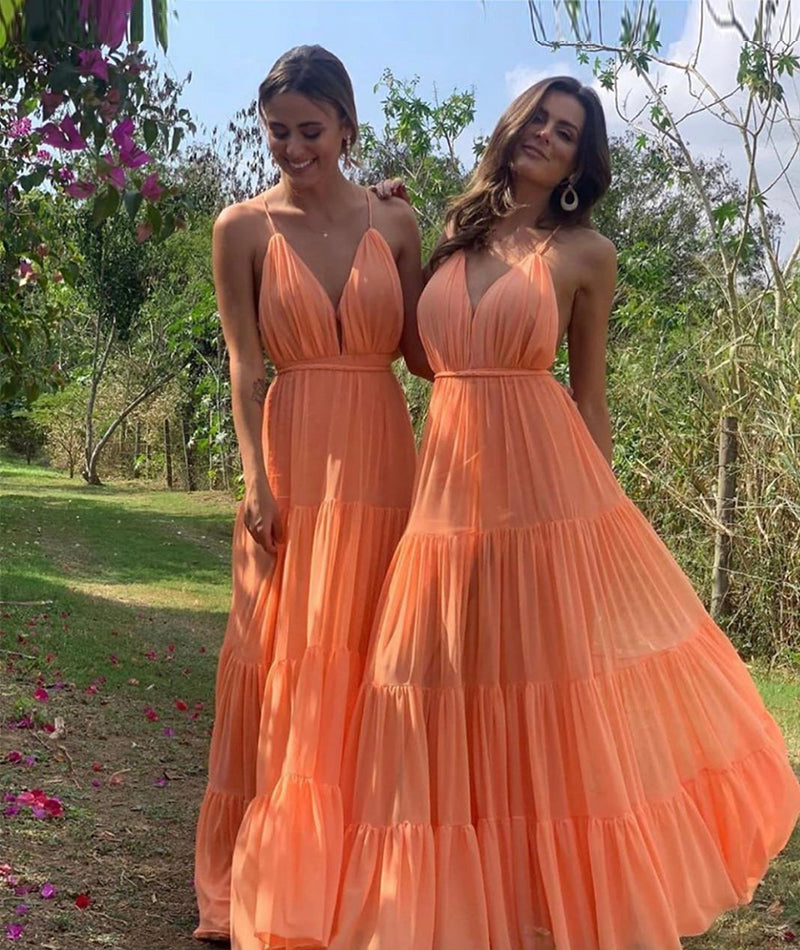 ORANGE V NECK CHIFFON LONG PROM DRESS SIMPLE EVENING DRESS   cg13267
