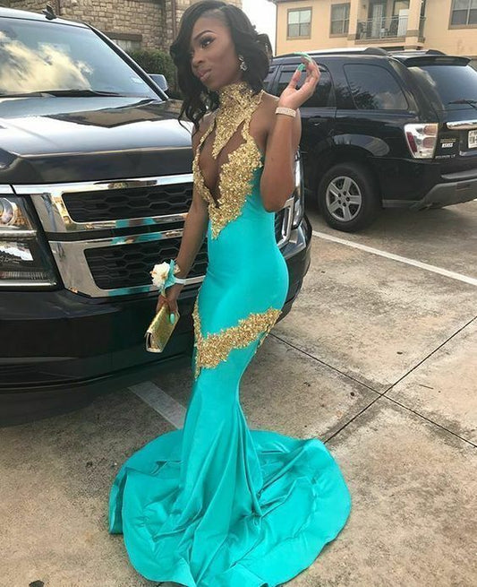 Gold Appliqued Prom Long Evening Dress Mermaid Formal Party Ball Gown Custom   cg13285