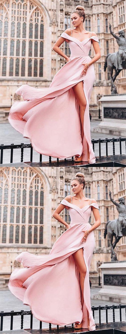 Off the Shoulder Pink Floor Length Prom Dresses Long, Pink Long Off Shoulder Bridesmaid Evening Dresses cg1335