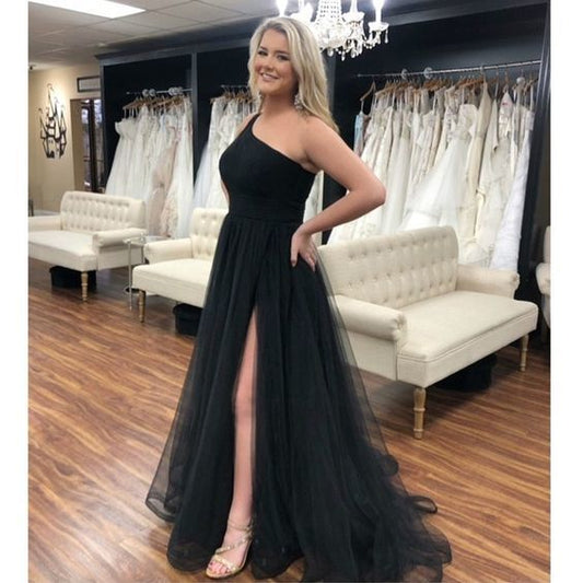 Black Tulle Long Evening Dresses One Shoulder High Slit Elegant A-line Prom Dress Women    cg13353