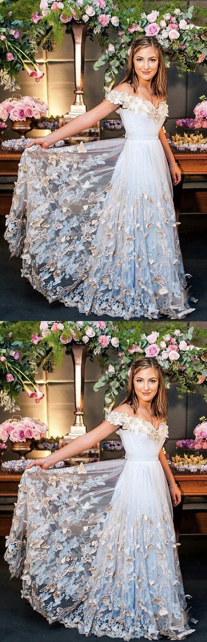 Light Blue Tulle Off The Shoulder prom Evening Gowns  cg1341