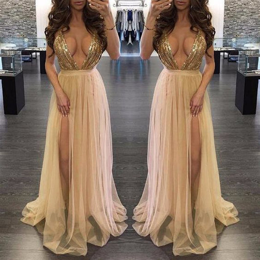 Deep Plunge V Neck Strappy Criss Cross Back Chiffon Long Prom Dress   cg13432