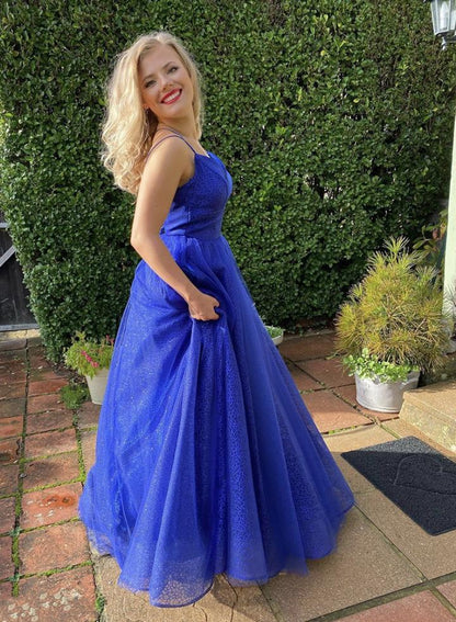 Blue tulle sequins long prom dress evening dress   cg13561