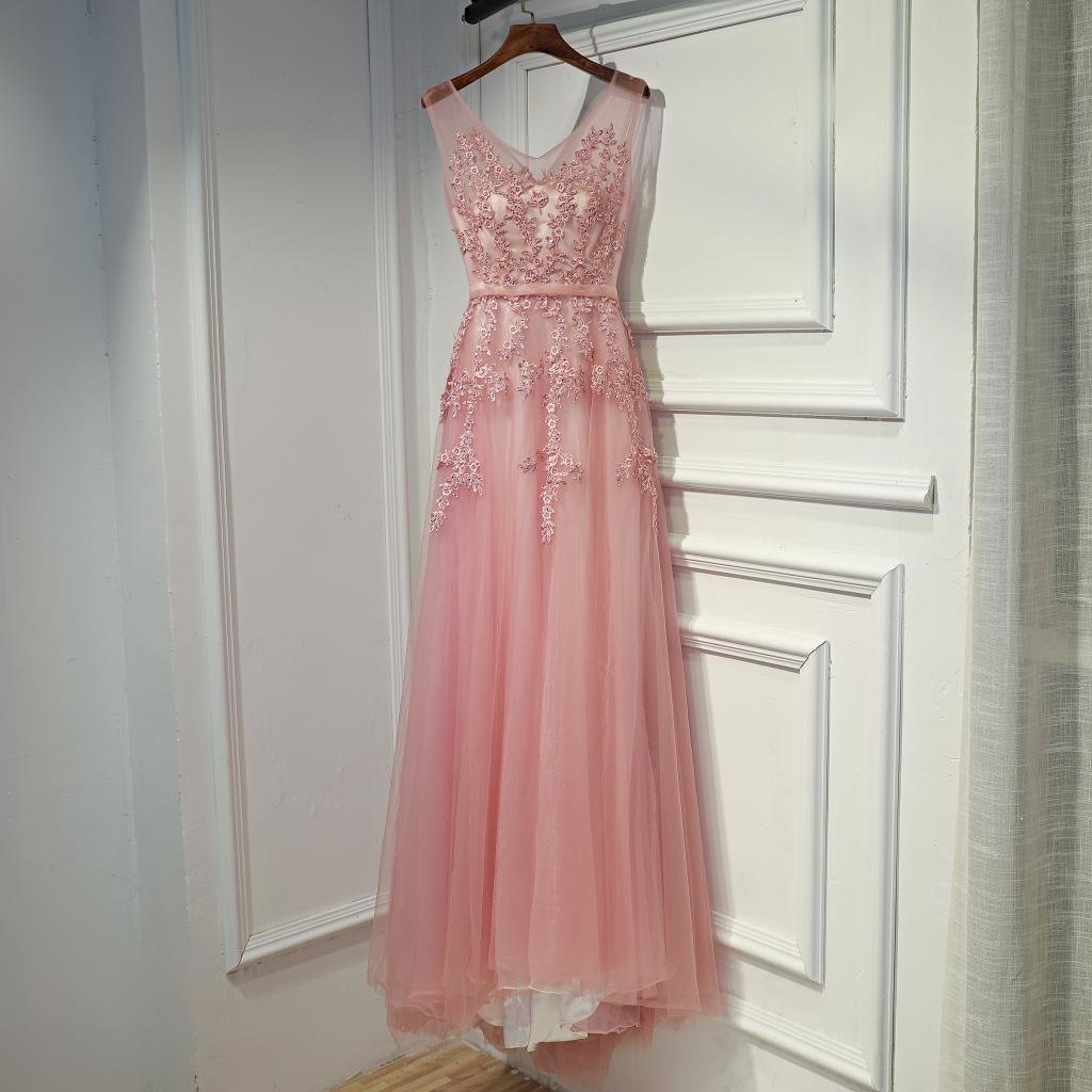 Pink V-Neckline Tulle Long Party Dress, Pink Prom Dress Formal Dress    cg13565