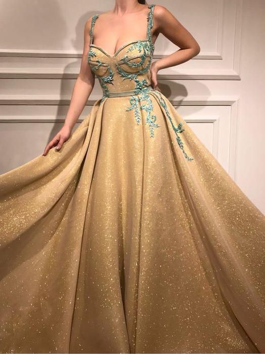 A Line Spaghetti Straps Sweetheart Gold Rhinestone Sparkly Appliques Prom Dresses   cg13575